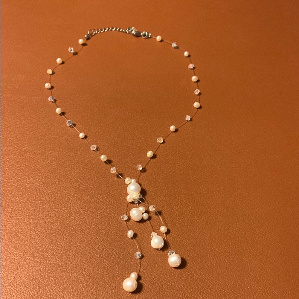 Dainty Faux Pearl Lariat Floating Illusion Necklace